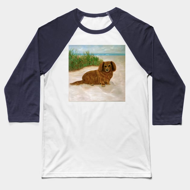 Long Haired Daschound Baseball T-Shirt by KarenZukArt